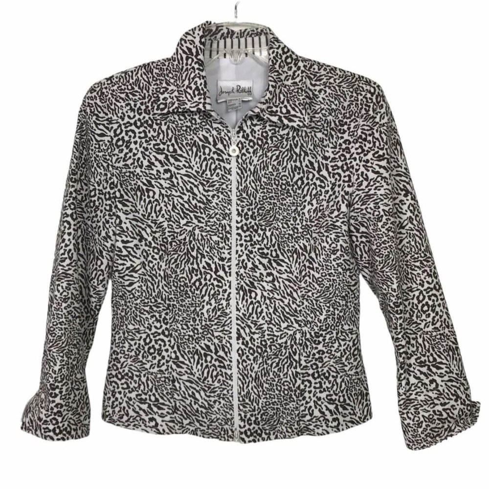 VTG Joseph Ribkoff Leopard Cheetah Zip Up Light Cotton Jacket 3/4 Sleeve Size 4